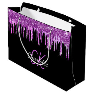 Schwarze lila Glitter-Tropfen-Monogramm-Funkeln Große Geschenktüte