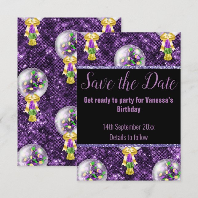 SCHWARZE LILA GLITZER-FEIERUNG SAVE THE DATE RSV RSVP KARTE (Vorne/Hinten)