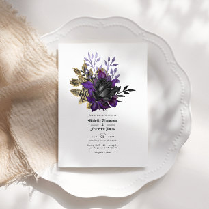 Schwarze Lila Gold Blumen Gothic Hochzeits-QR-Code Einladung