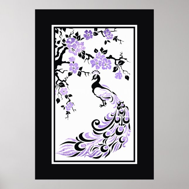 Schwarze, lila Pfau- und Kirschblüten Poster (Vorne)