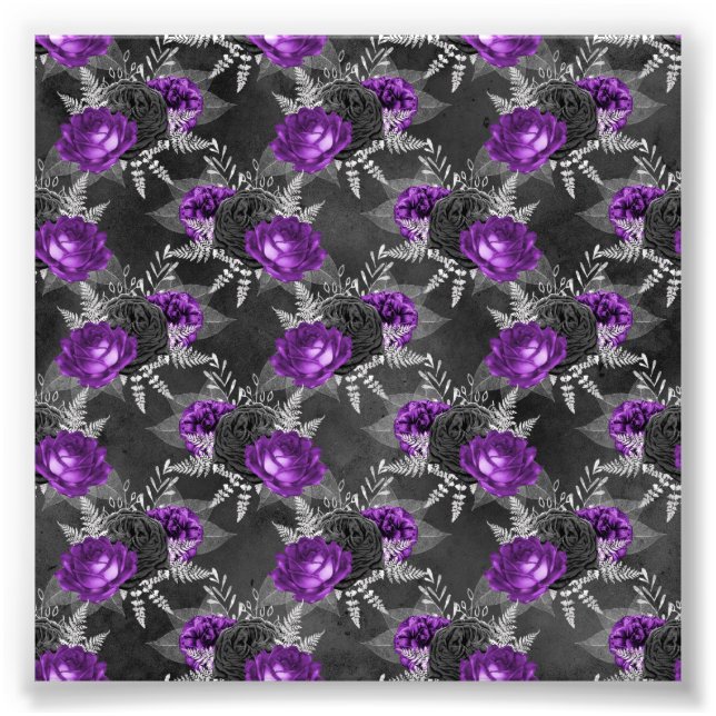 Schwarze Lila Rose Elegante Silver Blätter Garden Fotodruck (Vorne)