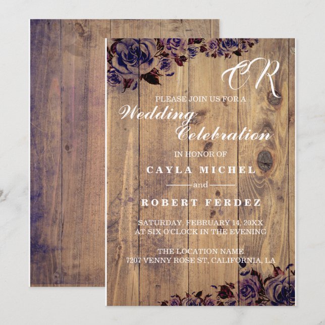Schwarze Lila Rose Rustikale Hochzeitseinladung Einladung (Vorne/Hinten)