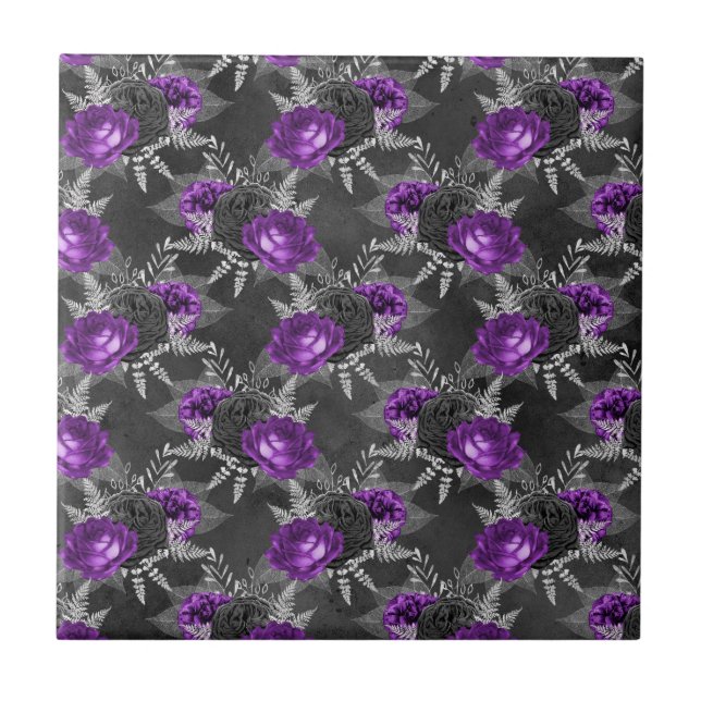 Schwarze Lila Rose Silver Blätter Dark Garden Fliese (Vorderseite)