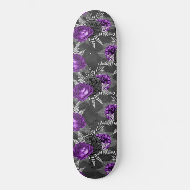 Schwarze Lila Rose Silver Blätter Dunkler Garten Skateboard (Vorderseite)