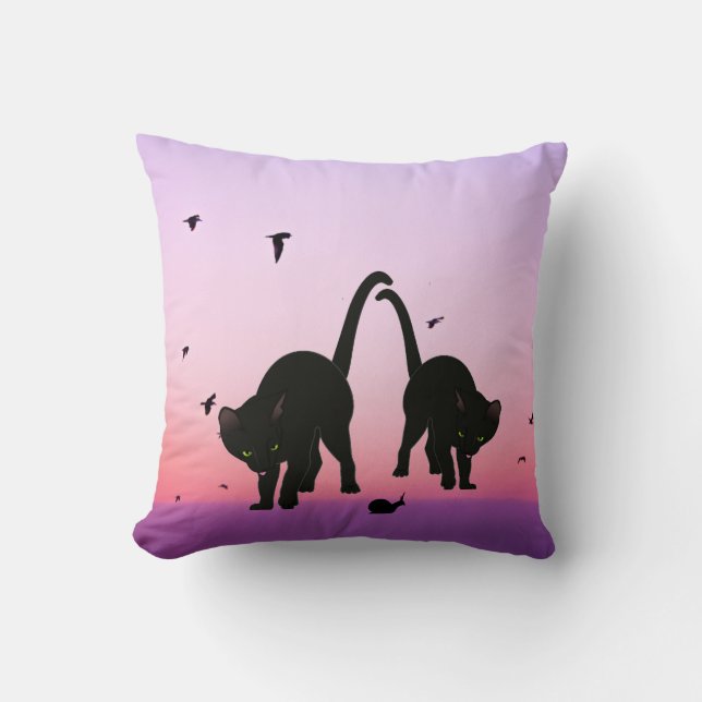 Schwarze Lila Strandkatzen Vogelwelt-Szene Kissen (Vorderseite)