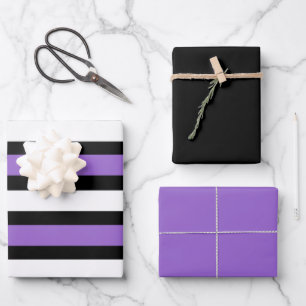 Schwarze, Lila und weiße Streifen Geschenkpapier Set