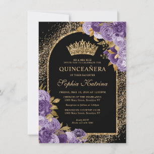 Schwarze Lila Violette Gold Floral Quinceanera Mitteilungskarte