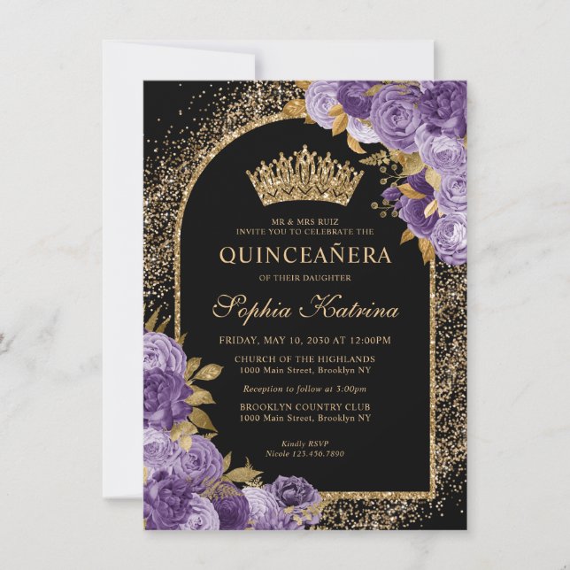 Schwarze Lila Violette Gold Floral Quinceanera Mitteilungskarte (Vorderseite)