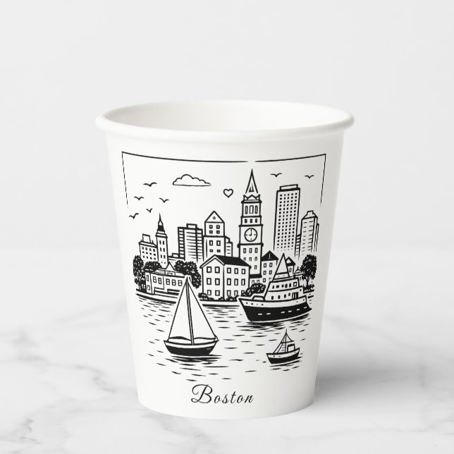 Schwarze Linie Boston Illustration Pappbecher (Vorderseite)