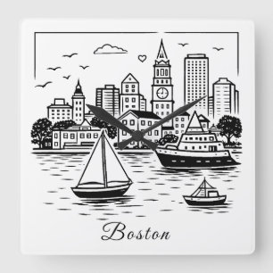 Schwarze Linie Boston Illustration Quadratische Wanduhr