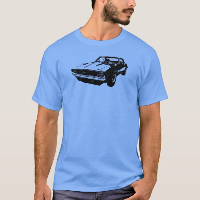 Schwarze Linie Kunst '69 Camaro SS auf farbigem T T-Shirt (Vorderseite)