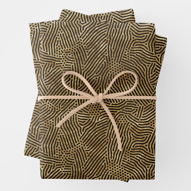 Schwarze Linien Dots Gold Imitate Fossil Geschenkpapier Set (Beispiel)