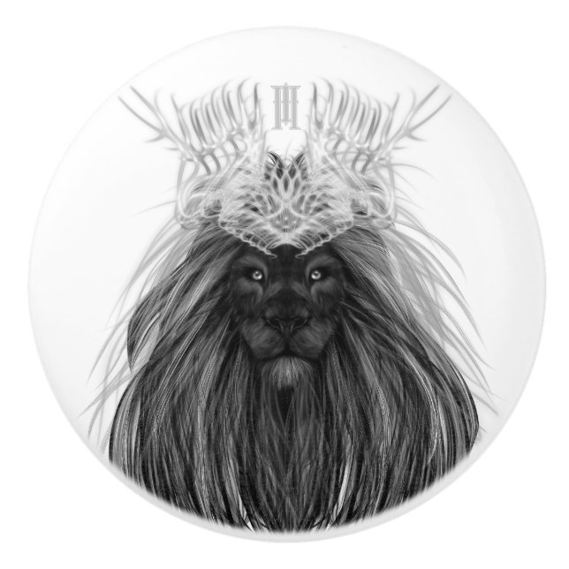 Schwarze Löwe mit Antlerkrone und Monogramm Keramikknauf (Vorderseite)