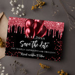 Schwarze Luftballons Glitzer Geburtstagsparty Save The Date<br><div class="desc">Eine junge und trendige Save the Date für eine 18. Geburtstagsfeier (oder ein beliebtes Alter). Schwarzer Hintergrund mit Glitzer und Ballons aus roten Imitaten. Personalisieren und fügen Sie Datum und Name/Alter hinzu. Der Text: Save the Date ist mit einem großen angesagten,  handgeschriebenen Stilskript geschrieben.</div>