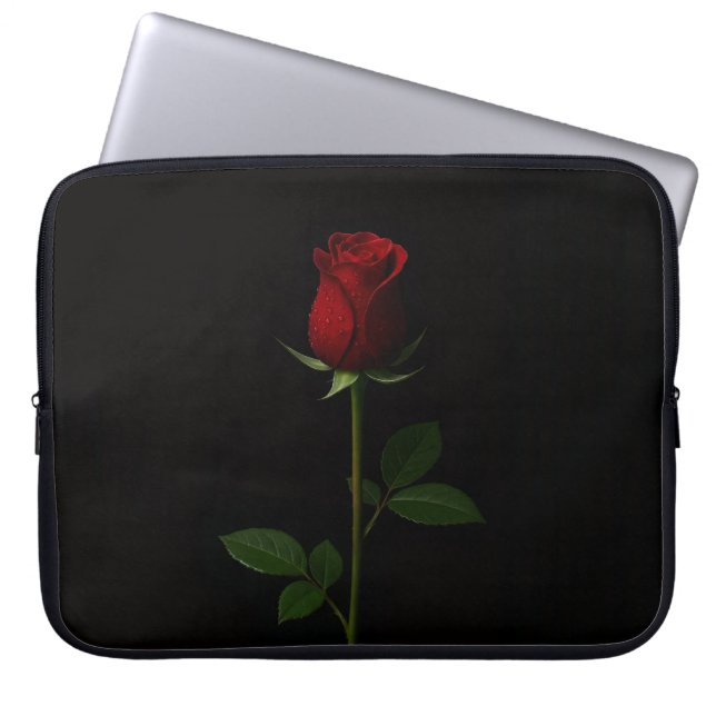 Schwarze Luxus-Laptoptasche mit samtiger roter Ros Laptopschutzhülle (Vorderseite)