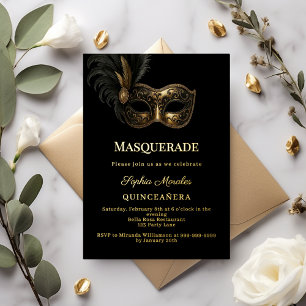 Schwarze Luxus-Masquerade-Quinceanera in Gold Folieneinladung