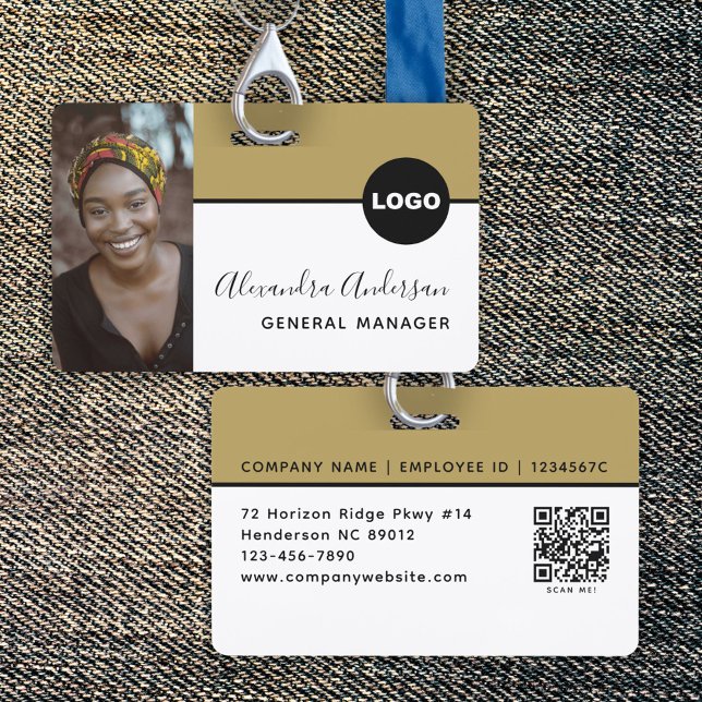 Schwarze Luxus-Mitarbeiter-Foto-ID mit QR-Code Ausweis (Employee Company ID Photo Logo QR Code Black Gold Badge)