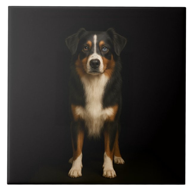 Schwarze Luxusfliese 4 mit weisem Australian Sheph Fliese (Vorderseite)