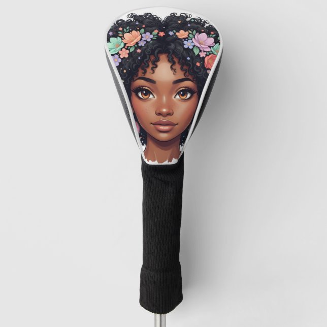 Schwarze Mädchen Golf verrückte Blumen-Afro Headcover (Vorderseite)