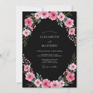Schwarze Magenta Wildblumen-Hochzeit Einladung
