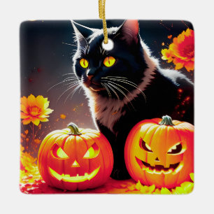 Schwarze Magie-Katze mit Kürbissen Keramikornament