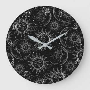 Schwarze Magie Vintage Himmels- Sonne Mond Sterne Große Wanduhr