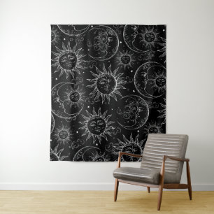 Schwarze Magie Vintage Himmels- Sonne Mond Sterne Wandteppich