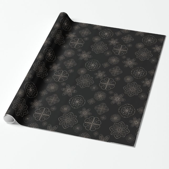 Schwarze Mandala-Blume-Ornamente Geschenkpapier (Ungerollt)