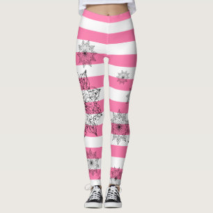 Schwarze Mandalase auf rosa und weiße Streifen Leggings