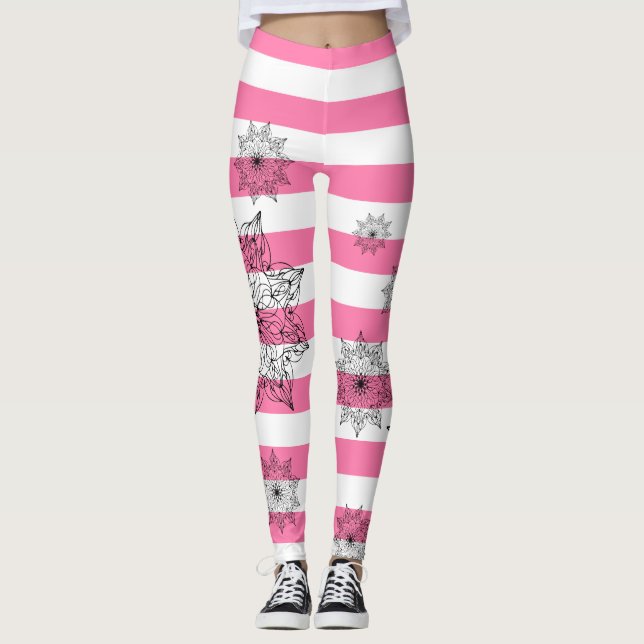 Schwarze Mandalase auf rosa und weiße Streifen Leggings (Vorderseite)
