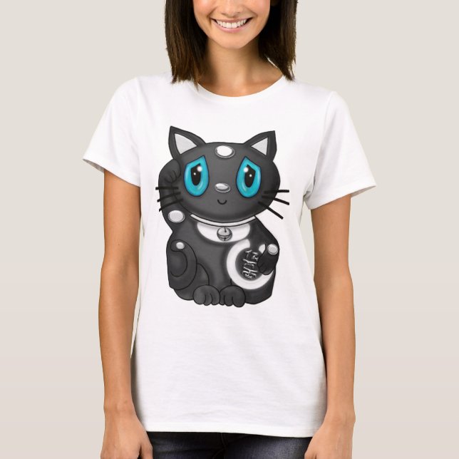 Schwarze Maneki Neko Bekoning viel Glück-Katze T-Shirt (Vorderseite)