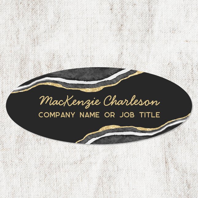 Schwarze Marmor Achat Gold Glitter Geschäft Namensschild (Black watercolor agate marble business name tag badge with custom text)