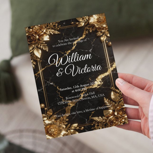 Schwarze Marmor-Hochzeitseinladung mit goldenem Ak Einladung (Von Creator hochgeladen)