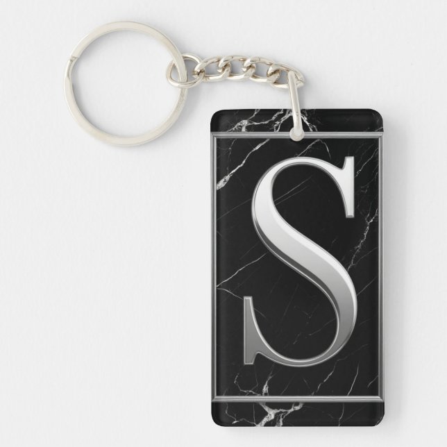 ⚜️ Schwarze Marmor Silber S Monogramm Rahmen 🔑 Schlüsselanhänger (Vorderseite)
