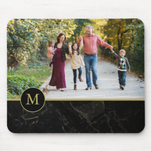 Schwarze Marmor-Tan-Monogramm-Familienfoto Mousepad