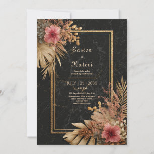 Schwarze Marmor-Tropische Rose Hibiskus-Hochzeit Einladung