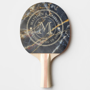 Schwarze Marmor- und Goldstein-Hochzeits-Monogramm Tischtennis Schläger