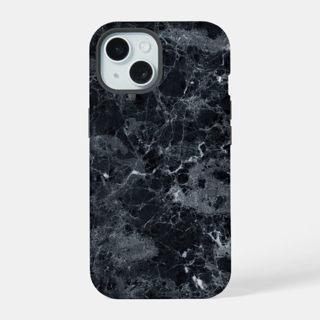 Schwarze Marmortextur iPhone 15 Hülle (Rückseite)