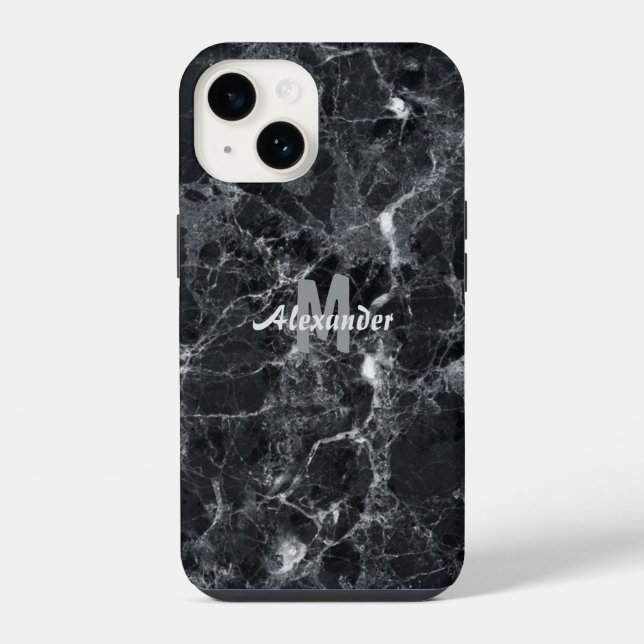 Schwarze Marmortextur Monogramm Name iPhone Hülle (Rückseite)