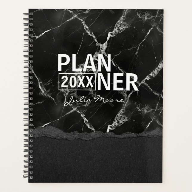 Schwarze Marmortextur Personalisiert  Planer (Vorderseite)