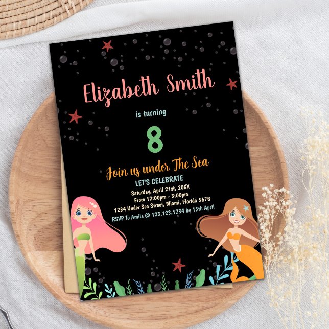 Schwarze Meerjungfrau Einladung zum Geburtstag (8th Black Mermaid Birthday Invitations)