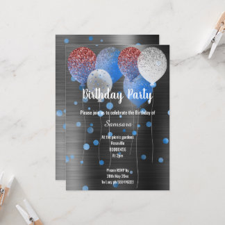 SCHWARZE METALLIK UND BLAUER GEBURTSTAG BALLOON SP EINLADUNG