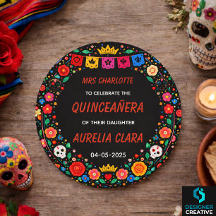 Schwarze mexikanische Fiesta-Blumen-Gold-Tiara Qui Runder Aufkleber