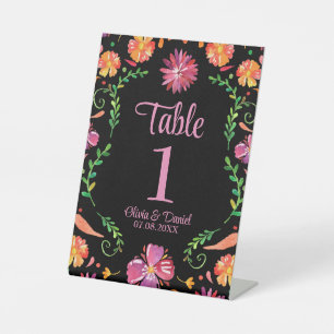 Schwarze mexikanische Fiesta-Blumen-Hochzeitstisch Sockelschild