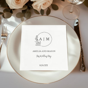 Schwarze minimale florale Monogramm-Hochzeit Serviette
