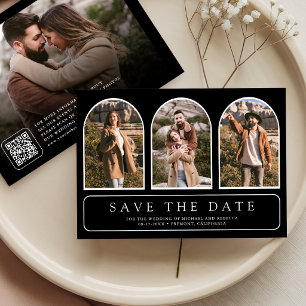 Schwarze Minimalistische Bogen-Foto-Collage QR-Cod Save The Date