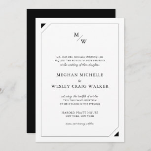 Schwarze Minimalistische Monogramm-Hochzeit Einladung