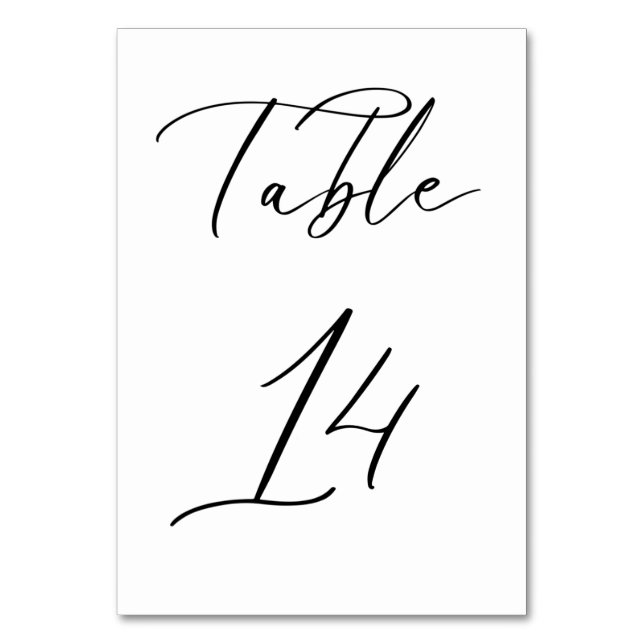 Schwarze Minimalistische Script-Hochzeitkarte für  Tischnummer (Vorderseite)