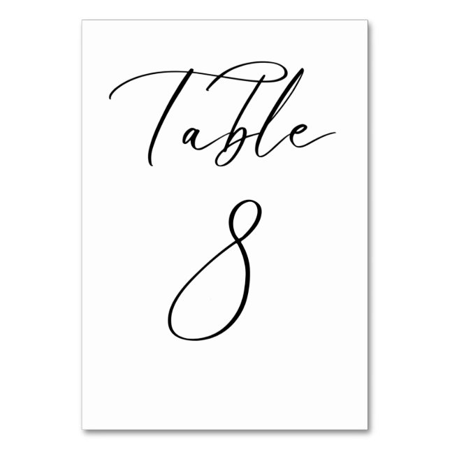 Schwarze Minimalistische Script-Hochzeitkarte für  Tischnummer (Vorderseite)