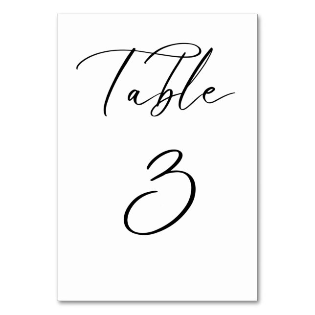 Schwarze Minimalistische Script-Hochzeitkarte für  Tischnummer (Vorderseite)